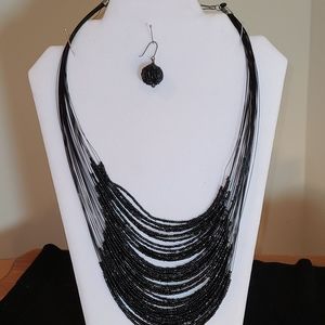 Black Beaded strand necklace w/ matching earrings